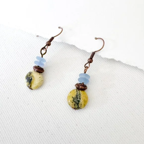 Serpentine Stone & Copper Boho Dangle Earrings - Picture 7 of 10